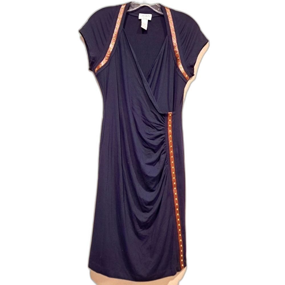 Carmen Marc Valvo navy wrap dress studded faux leather lined womens size L